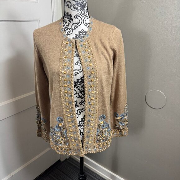 Oscar De La Renta wool beige beaded and embroidered vintage cardigan - Picture 1 of 9